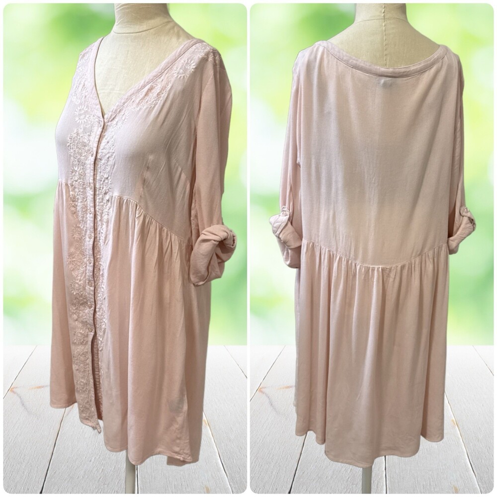 TORRID Dress Ballet Pink Embroidered Cottagecore Boho Roll Tab Button Up Plus 3X